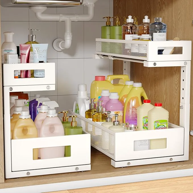 Versatile 2 Pack 17IN Depth Under Sink Storage Organizer Large 2-Tier Elegant Mesh Pull Out Shelf for Kitchen and Bathroom Cabinet Organization L-Shaped and Adjustable Height Design-WhiteAbout ThisOverview Detailed