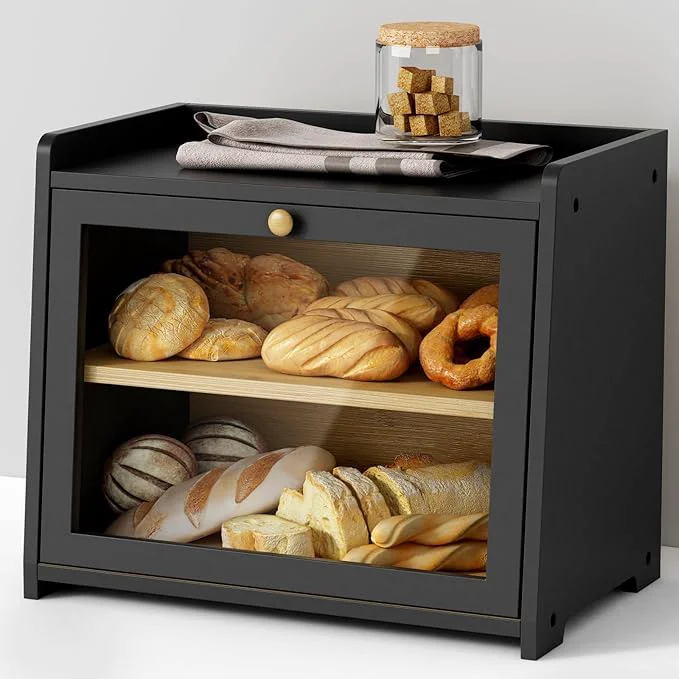 Versatile Double Layer Bread Box for Kitchen Countertop Large Bread Storage Container for Counter Top 2 Tier Wood Farmhouse Vintage Breadbox for Homemade Bread Corner Cabinet Pantry Black About ThisOverview Reusable