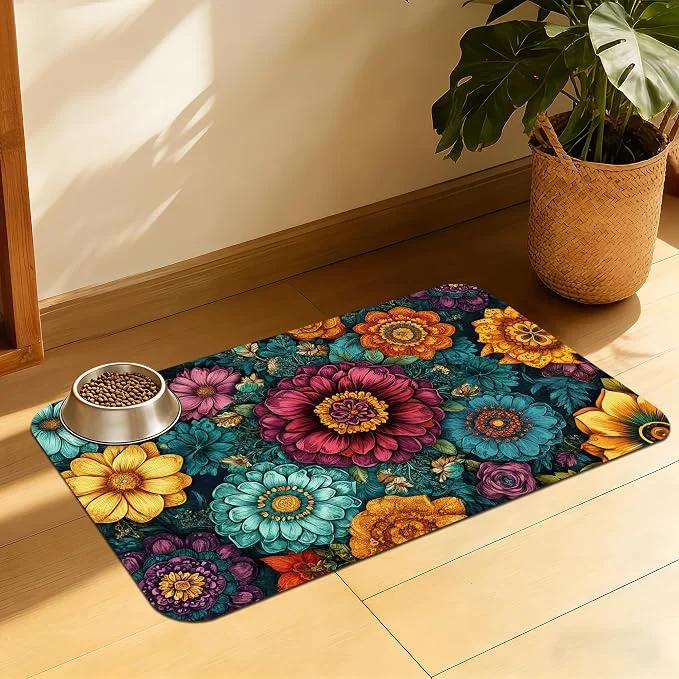 Responsible Vintage Floral Pet Feeding Mat Fast-Dry Absorbent Dog and Cat Bowl Mat High-Performance