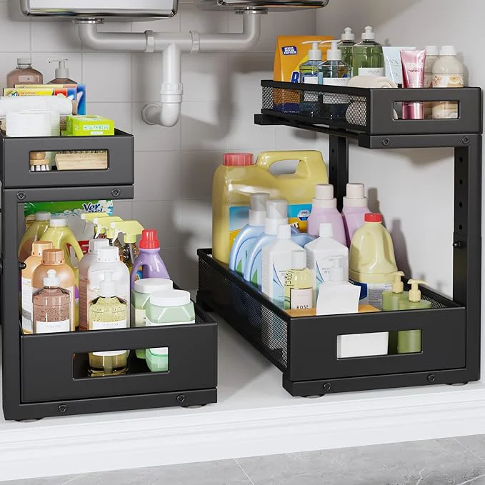 Versatile 2 Pack 17IN Depth Under Sink Storage Organizer Large 2-Tier Elegant Mesh Pull Out Shelf for Kitchen and Bathroom Cabinet Organization L-Shaped and Adjustable Height Design-BlackAbout ThisOverview Secure