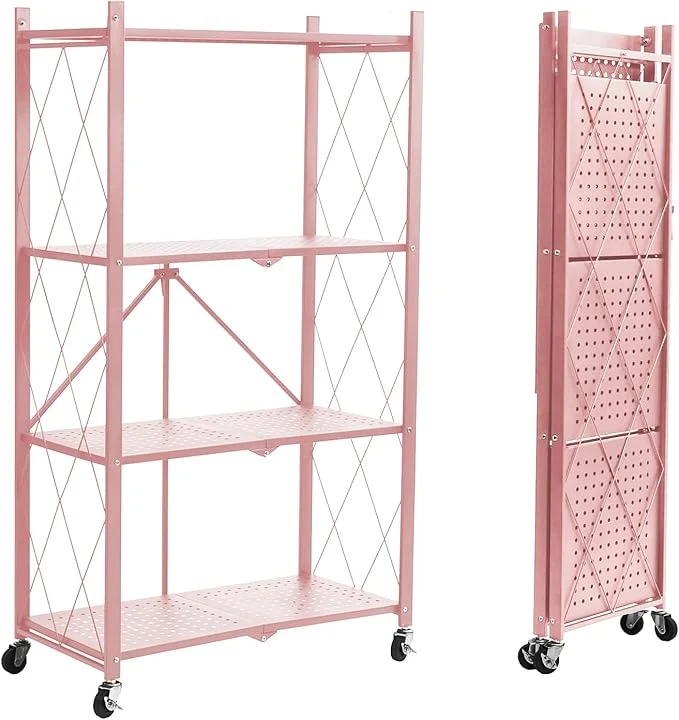 Contemporary BRIAN DANY 4-Tier Foldable Storage Shelves with Wheels Folding Metal Rack Shelving Unit Heavy Duty No Assembly Organizer Shelf for Garage Kitchen Basement Pantry PinkAbout ThisOverview Dependable