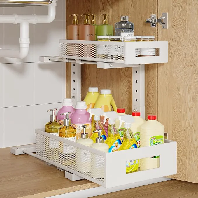 Artisan 1 Pack-11.4 -16.14 H Under Sink Storage Organizer Large 2-Tier Elegant Mesh Pull Out Shelf for Kitchen and Bathroom Cabinet Organization L-Shaped and Adjustable Height Design for Maximum Space-WhiteAbout ThisOverview Innovative