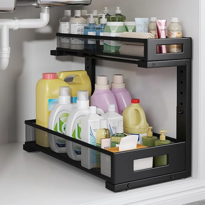 Artisan 1 Pack 17IN Depth Under Sink Storage Organizer Large 2-Tier Elegant Mesh Pull Out Shelf for Kitchen and Bathroom Cabinet Organization L-Shaped and Adjustable Height Design-BlackAbout ThisOverview Specialty