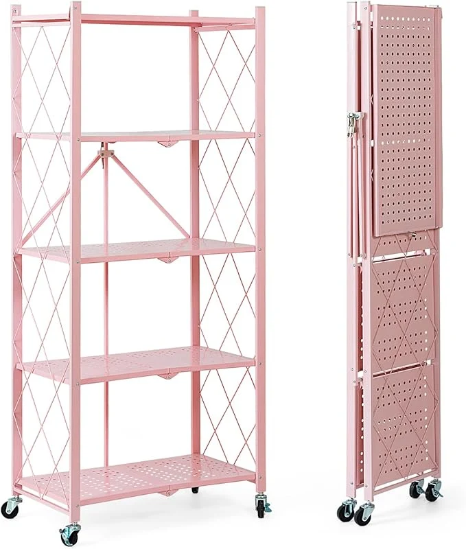 Casual BRIAN DANY 5-Tier Foldable Storage Shelves with Wheels Folding Metal Rack Shelving Unit Heavy Duty No Assembly Organizer Shelf for Garage Kitchen Basement Pantry PinkAbout ThisOverview Trusted