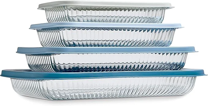 Secure COOK WITH COLOR 8-Piece Deep Glass Baking Dish Set with Plastic Lids – Casserole and Food Storage Containers for Lasagna Leftovers – zer-to-Oven Microwave Dishwasher Safe Fluted BlueAbout ThisOverview Reusable