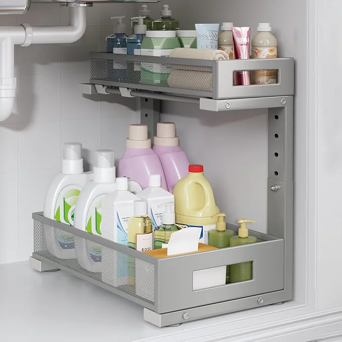 Effective 1 Pack-11.4 -16.14 H Under Sink Storage Organizer Large 2-Tier Elegant Mesh Pull Out Shelf for Kitchen Bathroom Cabinet Organization L-Shaped Adjustable Height-Gun GrayAbout ThisOverview Practical
