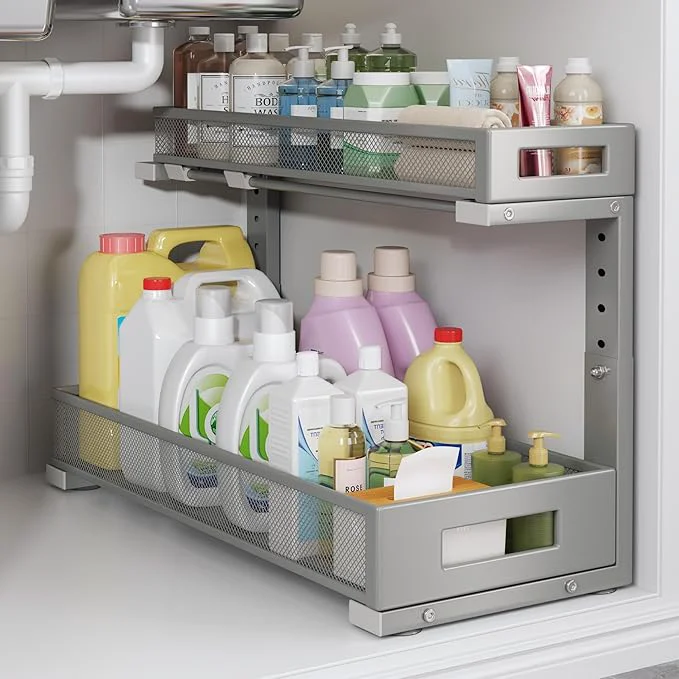 Modern 1 Pack 19IN Depth Under Sink Storage Organizer Large 2-Tier Elegant Mesh Pull Out Shelf for Kitchen and Bathroom Cabinet Organization L-Shaped and Adjustable Height Design-Gun GrayAbout ThisOverview Optimized
