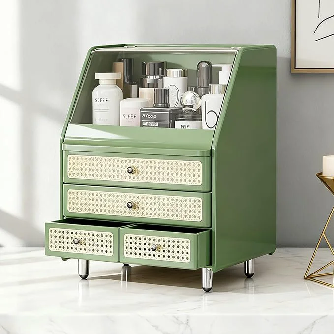 Trendy Large Cosmetic Storage Box Dustproof And Waterproof. Display Case with Drawers Countertop Vanity Organizer for Skincare Lipsticks Perfume – Bathroom Cosmetic Storage Display Box Green About ThisOverview Breathable