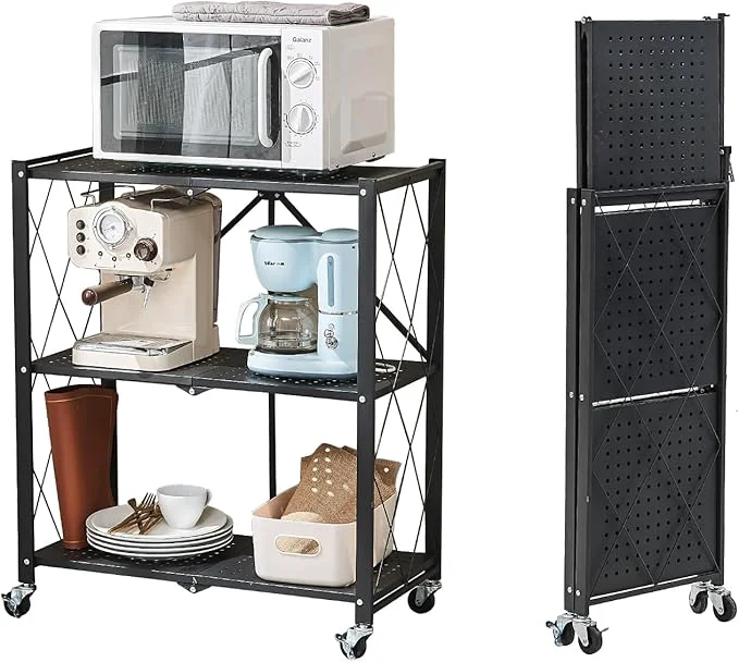 Authentic BRIAN DANY 3-Tier Foldable Storage Shelves with Wheels No Assembly Folding Shelf Metal Rack Shelving Unit for Kitchen Garage BlackAbout ThisOverview High-Grade
