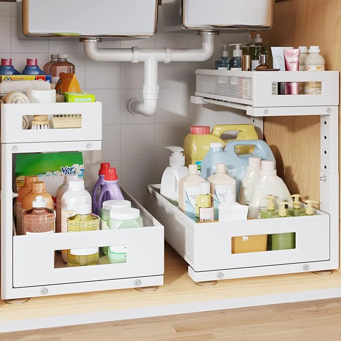 Healthy 2-Pack Under Sink Storage Organizer Large 2-Tier Elegant Mesh Pull Out Shelf for Kitchen and Bathroom Cabinet Organization L-Shaped and Adjustable Height Design for Maximum Space Efficiency-WhiteAbout ThisOverview Original