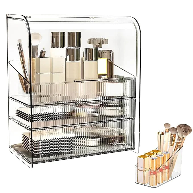 Specialty DASITON Clear Cover Dustproof Three layers Storage Box Makeup Brush Holder Large Capacity Desktop Storage Box with Drawer for Beauty Products Perfume Jewelry Nail Polish Optimized