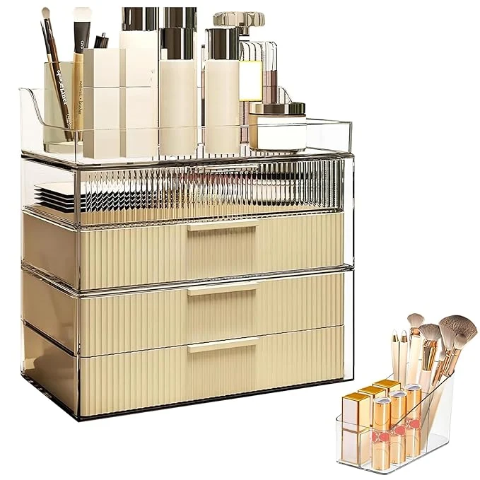 Genuine DASITON Cream Dustproof Four layers Storage Box Makeup Brush Holder Large Capacity Desktop Storage Box with Drawer for Beauty Products Perfume Jewelry Nail Polish Dependable