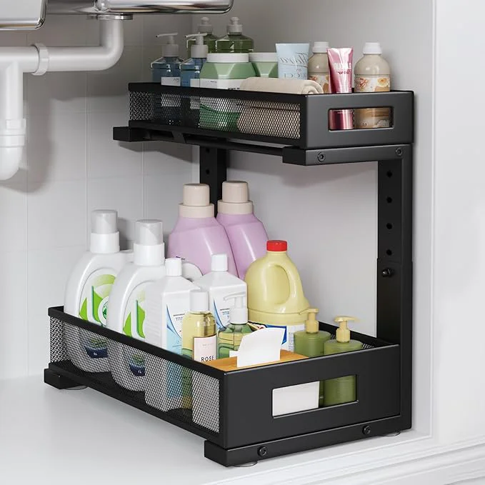 Eco-Friendly 1 Pack-11.4 -16.14 H Under Sink Storage Organizer Large 2-Tier Elegant Mesh Pull Out Shelf for Kitchen and Bathroom Cabinet Organization L-Shaped and Adjustable Height Design for Maximum Space-BlackAbout ThisOverview Detailed