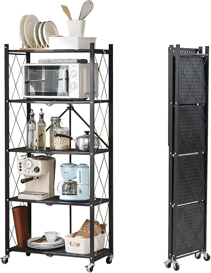 Refined BRIAN DANY 5-Tier Foldable Storage Shelves with Wheels Folding Metal Rack Shelving Unit Heavy Duty No Assembly Organizer Shelf for Garage Kitchen Basement Pantry BlackAbout ThisOverview Secure