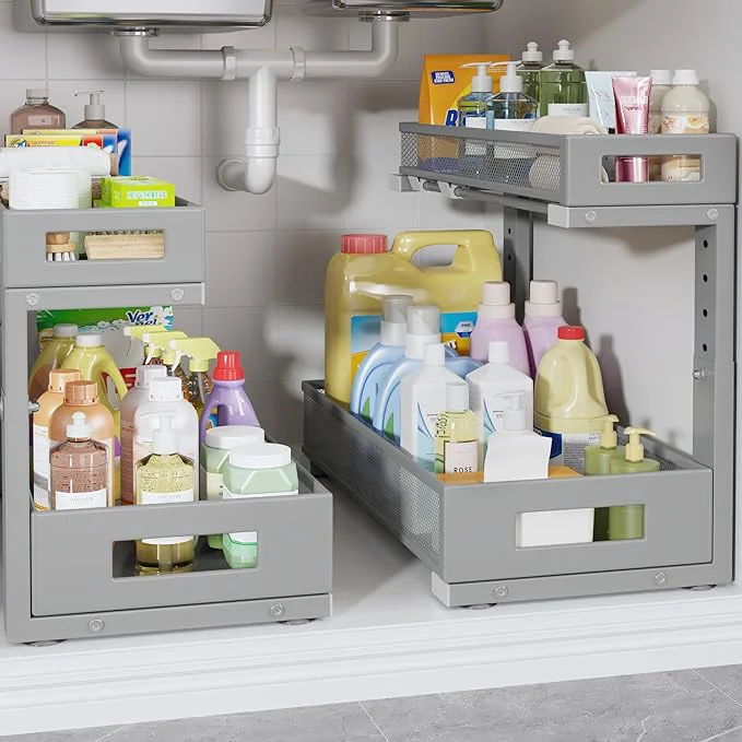 Easy-to-Use 2 Pack 17IN Depth Under Sink Storage Organizer Large 2-Tier Elegant Mesh Pull Out Shelf for Kitchen and Bathroom Cabinet Organization L-Shaped and Adjustable Height Design-Gun GrayAbout ThisOverview Unique