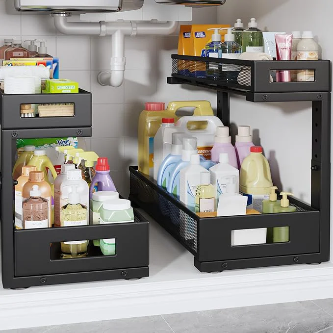 Luxury 2 Pack 19IN Depth Under Sink Storage Organizer Large 2-Tier Elegant Mesh Pull Out Shelf for Kitchen and Bathroom Cabinet Organization L-Shaped and Adjustable Height Design-BlackAbout ThisOverview Flexible