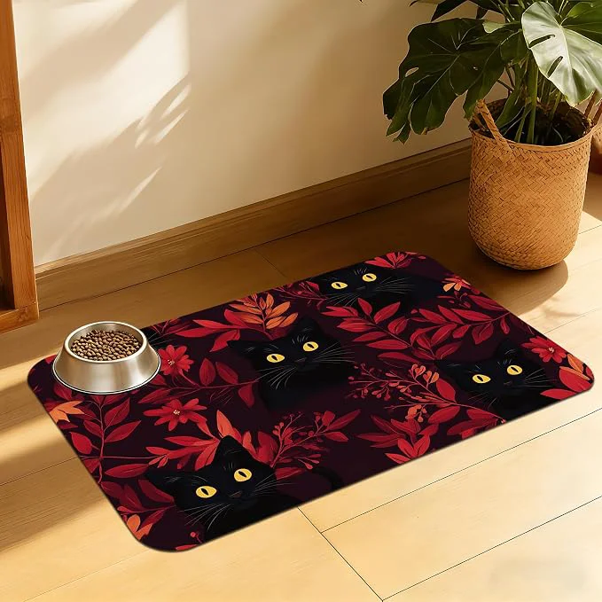 Original Black Cat Forest Pet Feeding Mat Fast-Dry Absorbent Dog and Cat Bowl Mat Unique