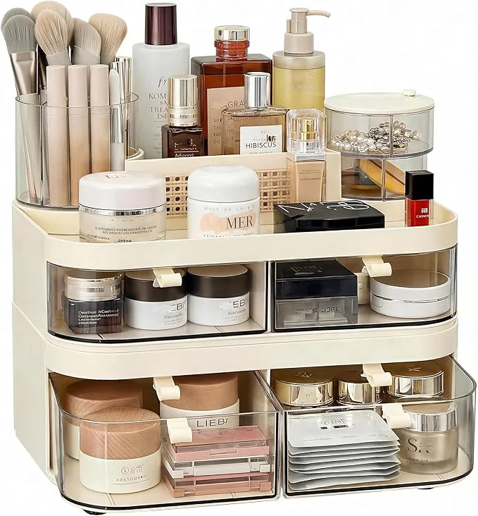 Smart Large Rotating Makeup Organizer with Drawers 3 Tier Skincare Storage Tower for Vanity Bathroom Countertop Cosmetic Display Case with Brush Holder HandleAbout ThisOverview Efficient