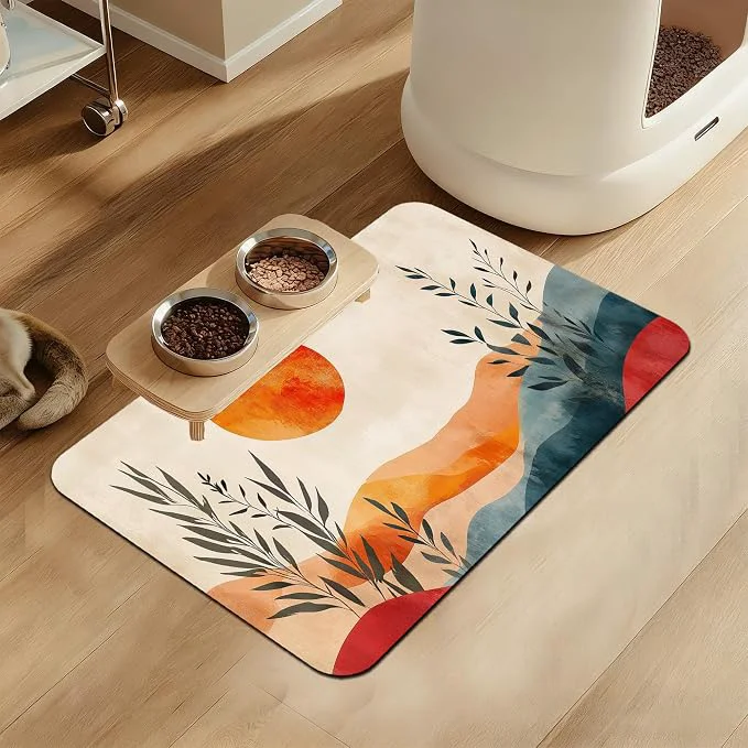 Recyclable Boho Mountain Sun Pet Food Mat for Cats and Dogs–Christmas Stocking Absorbent Verified