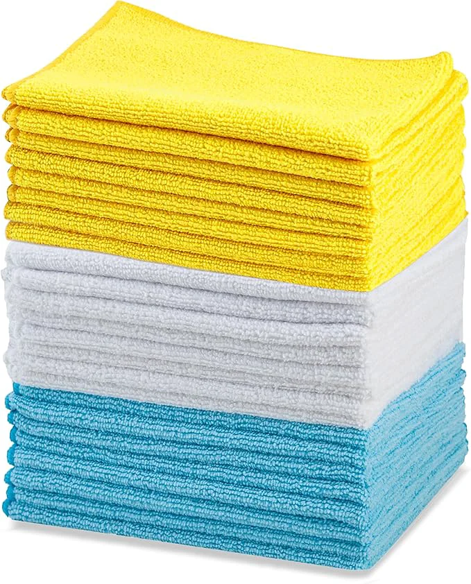 Versatile Amazon Basics Microfiber Cleaning Cloths Ultra Absorbent Lint Streak Non-Abrasive Reusable and Washable 16 x 12 Blue White Yellow Pack of 24About ThisOverview Advanced