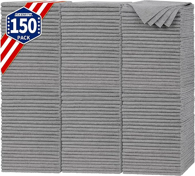 High-End FIXSMITH Shop Towels Pack of 150 Grey Microfiber Cleaning Cloth Bulk Microfiber Towels for Cars All-Purpose Absorbent Cleaning Rags Dust Cloth for Automotive Mechanic Garage 11.5 x 11.5 inchAbout ThisOverview Premium Material