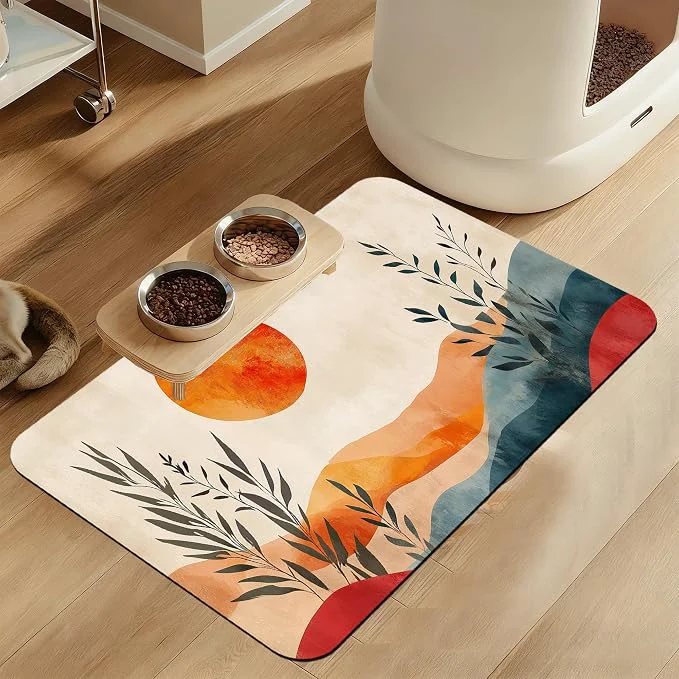 Recyclable Boho Mountain Sun Pet Food Mat for Cats and Dogs–Christmas Stocking Absorbent Casual