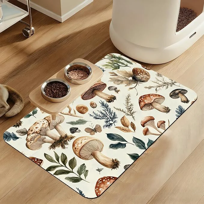 Convenient Vintage Mushroom Floral Dog Cat Food Mat–Christmas Stocking Absorbent Sustainable