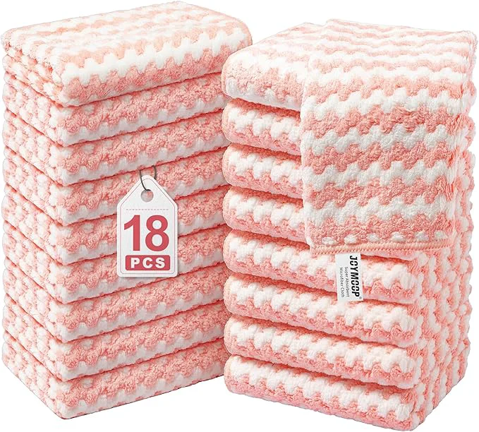 Detailed JOYMOOP Microfiber Cleaning Cloths – 18 Pack 10 x 10 Pink – Reusable Lint- Super Absorbent Towels for Kitchen Car and Household CleaningAbout ThisOverview Recyclable