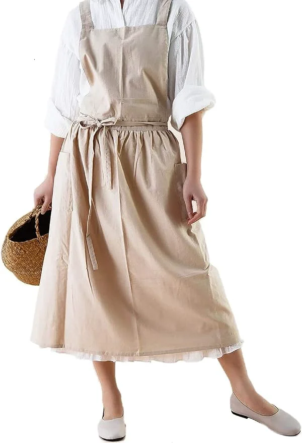 Premium Material VLZUFE Women Cotton Linen Cross Back Apron with Pockets for Gardening Works Pinafore DressAbout This Next-Generation