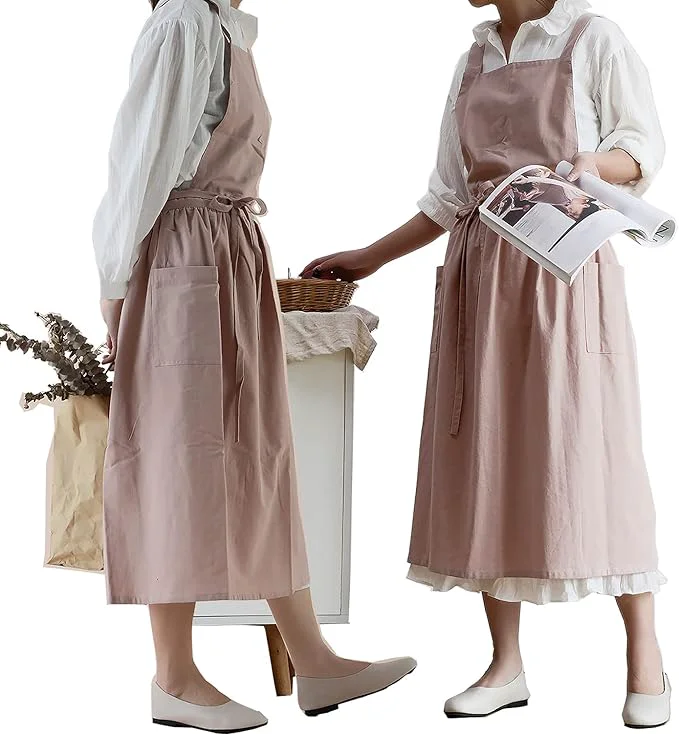 Functional VLZUFE Women Cotton Linen Cross Back Apron with Pockets for Gardening Works Pinafore DressAbout This Breathable