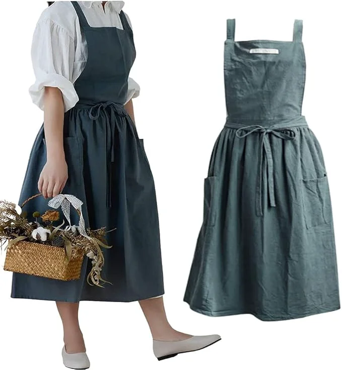 Green Cotton and linen Kitchen Cooking Aprons Dress for Women with Pockets Cute for Baking Painting Gardening Cleaning Minimalist