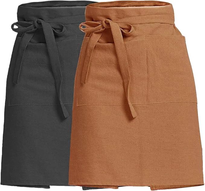 High-Grade Cityelf Linen Server Apron Cotton Bistro Half Apron with Large Pockets Waist Kitchen Apron for Cooking Waitress Flexible
