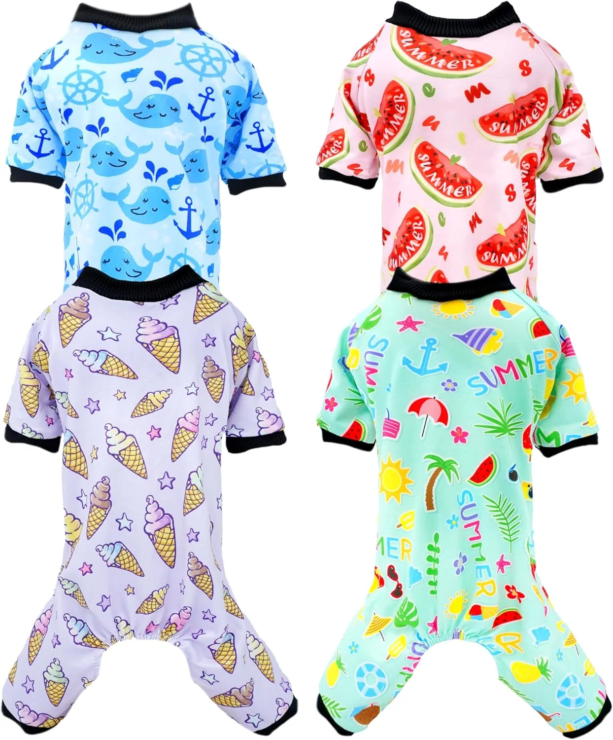 Sustainable PET SHOW 4 Pack Small Dog Pajamas Watermelon Doggies Soft Stretchy PJs Whale Ice Cream Jumpsuit Puppy Cats Girl Boy Floral Onesies Outfits with Sleeve Pets Breathable Summer Dog Clothes Costume M Optimized
