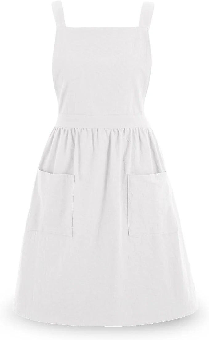 Optimized Cotton Linen Pinafore Apron Dress for Women with Pockets Cute Art Chef Aprons for Kitchen Baking Gardening Painting Casual