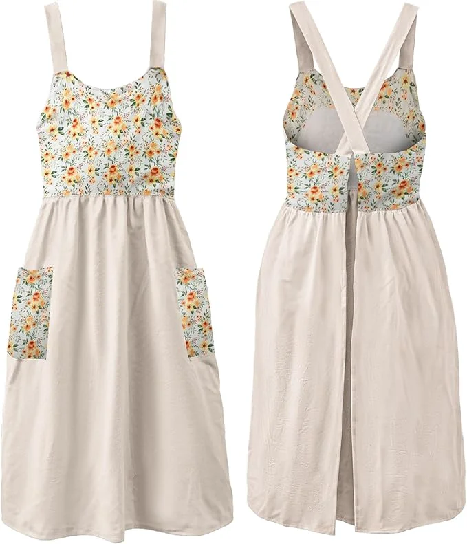 Excellent Uaussi Cotton Linen Apron Cross Back Work Apron for Women with Pockets Pinafore Dress X Cross Halter Apron for Chef Gardening Comfortable