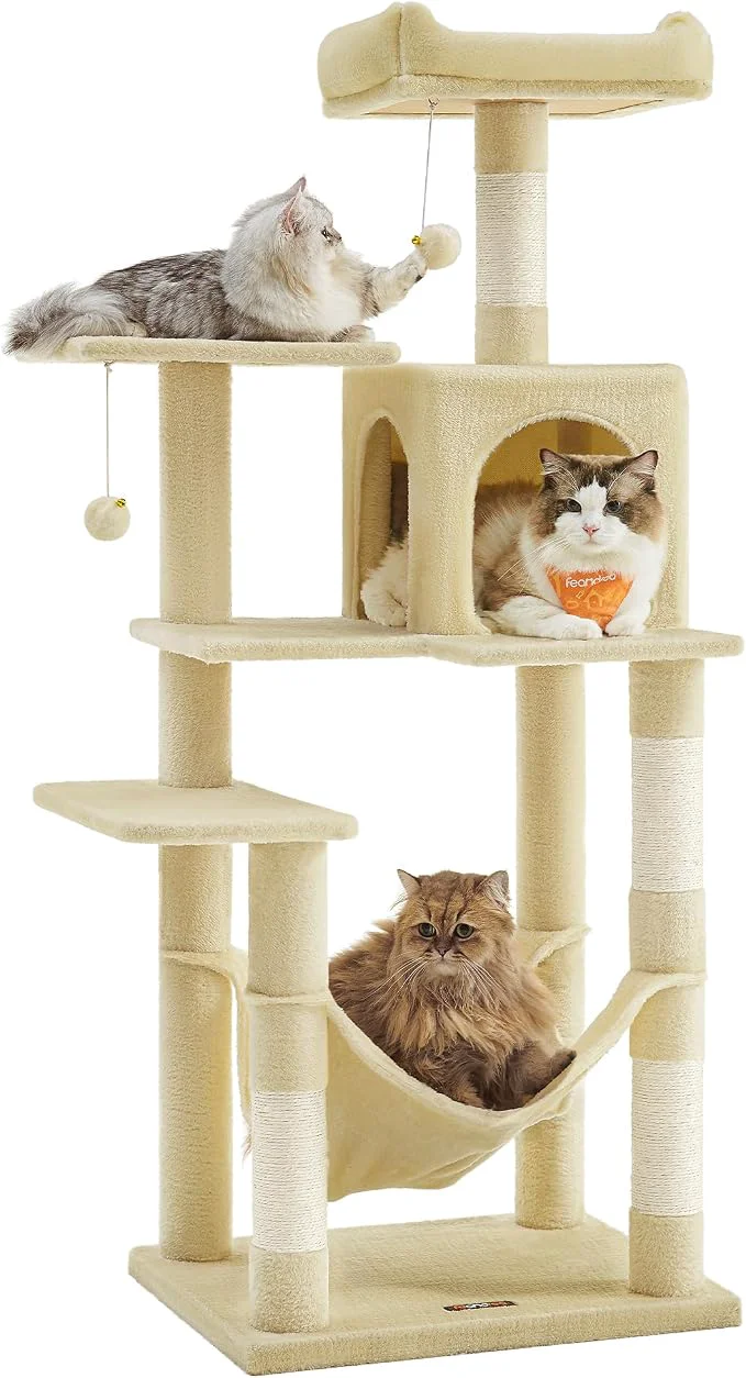 Smart Feandrea Cat Tree 55.1-Inch Cat Tower Plush Multi-Level Condo Innovative