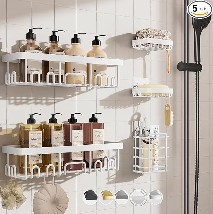 Contemporary 5-Piece Drill- Shower Caddy Set - Heavy Duty Adhesive Bathroom Organizer with Soap Toothbrush Holders Relaxed
