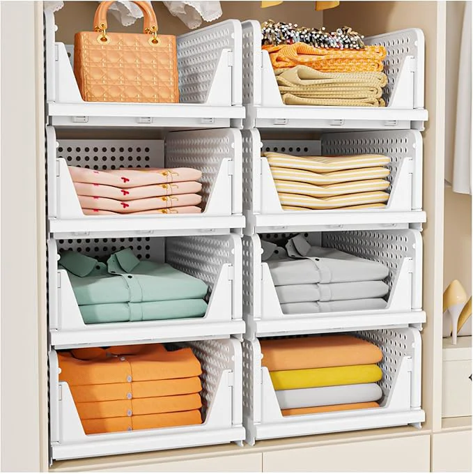 Fashionable SNSLXH 5 Pack Stackable Closet Storage Basket Multifunctional Foldable Closet Organizer for Bathroom Kitchen Laundry Room Wardrobe Storage Space-Saving Clothes Storage Drawer Organizer WhiteAbout ThisOverview Contemporary