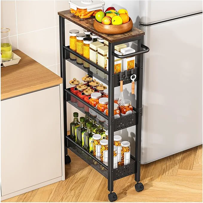 Trusted Utility Slim Storage Cart with Wheels 4 Tier Small Rolling Cart with Wood Top Metal Kitchen Bathroom Laundry Room Organization Trolley with Handle for Narrow Space – BlackAbout ThisOverview Soft