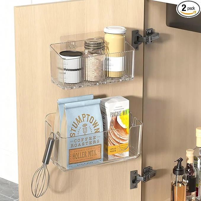 Elite BasicForm 2 Pack Cabinet Door Organizer Bins Adhesive Wall Mounted Clear Storage Caddy Stackable PET Baskets for Kitchen Cabinets Bathroom Pantry RV and Office OrganizationAbout ThisOverview Environmentally Friendly