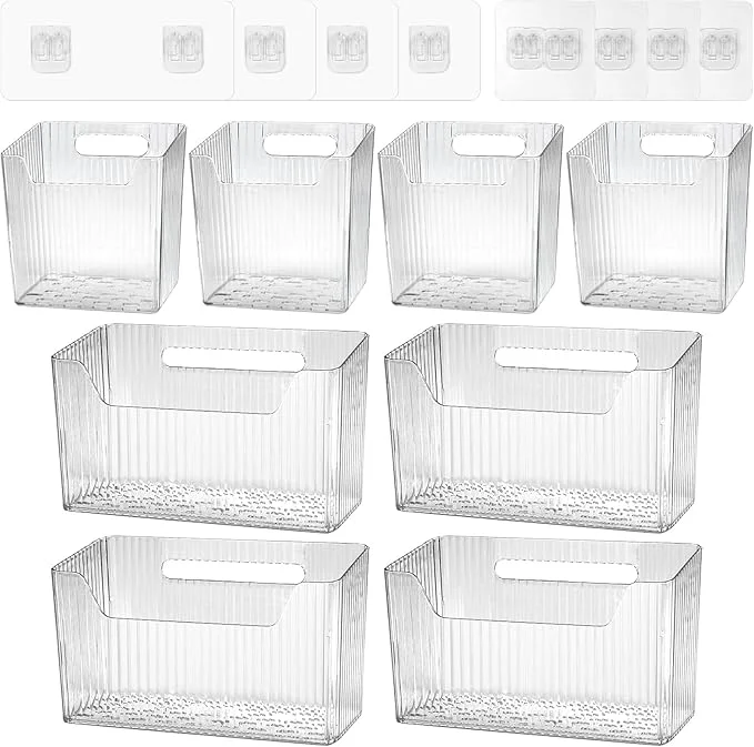 Luxury 8 Pcs Storage Organizer Bins - Wall Mounted Basket in 2 Sizes Clear Cabinet Door Stackable Adhesive Hanging Bin for Bathroom Kitchen PantryAbout ThisOverview Excellent