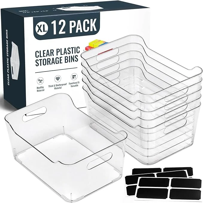 Functional 12 PACK Multi-Use Clear Plastic Storage Bins for Organizing w Labels - Home Kitchen Pantry Bathroom Office Cabinet Shelf Organizer Bins - SOHO Collection RV Fridge Organization Containers -XLAbout ThisOverview Quality