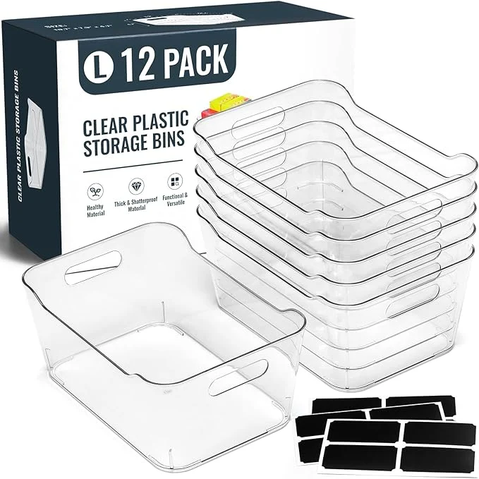 Smooth 12 PACK Multi-Use Clear Plastic Storage Bins for Organizing w Labels - Home Kitchen Pantry Bathroom Office Cabinet Shelf Organizer Bins - SOHO Collection RV Fridge Organization Containers - LAbout ThisOverview Superior