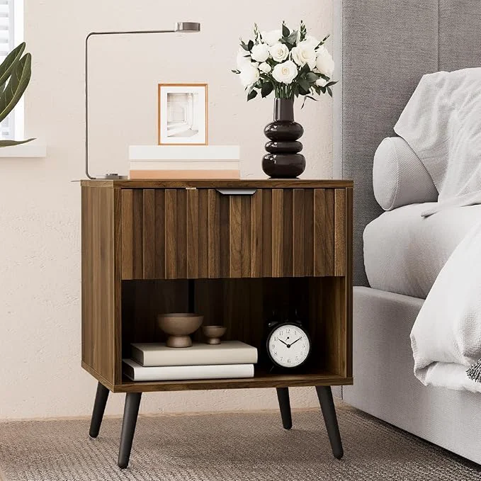 Reliable Smuxee Walnut Wooden Night Stand Mid Century Nightstand with Fluted Drawer Bedside Table with Open Shelf Modern End Side Table for BedroomAbout ThisOverview High-Performance