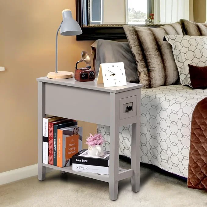 Verified Grey Chairside Narrow End Table Solid Recliner Side Table with Drawer Slim Nightstand Bedside Table for Living Room BedroomAbout ThisOverview Soft