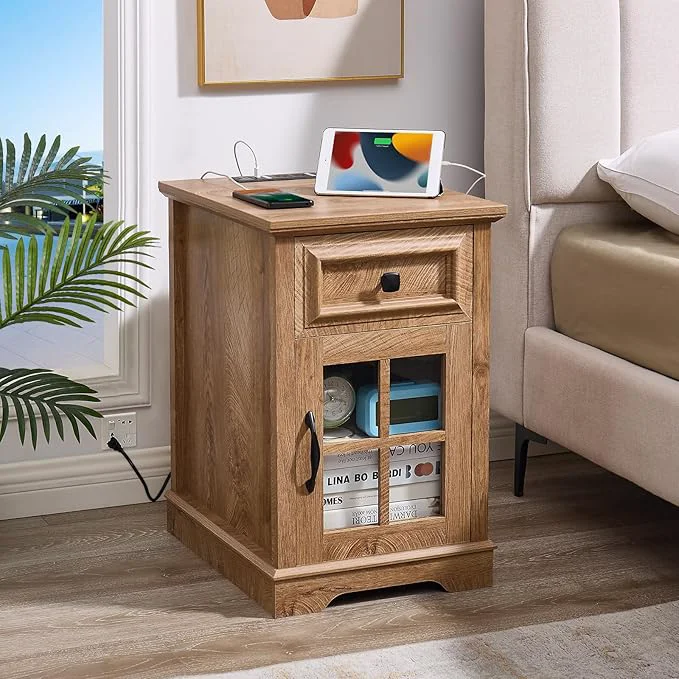 Comfortable Farmhouse XXL End Table with Charging Station Side Table with USB Ports and Outlets Nightstand with Drawer and Glass Door Storage Log Color Bedside Tables for Living Room Bedroom OfficeAbout ThisOverview Unique