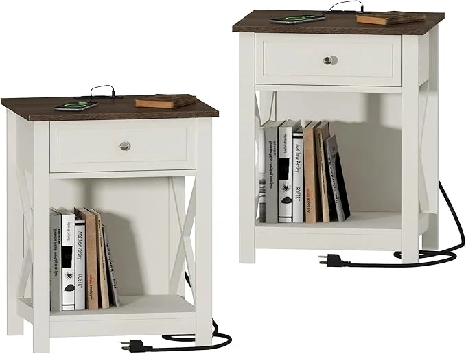 Responsible Treocho Farmhouse End Table Set of 2 Nightstand with Charging Station X-Design Side Table with 2 AC and USB Power Outlets Small Night Stand with Storage Drawer and Open Shelf for Living RoomAbout ThisOverview Easy-to-Use