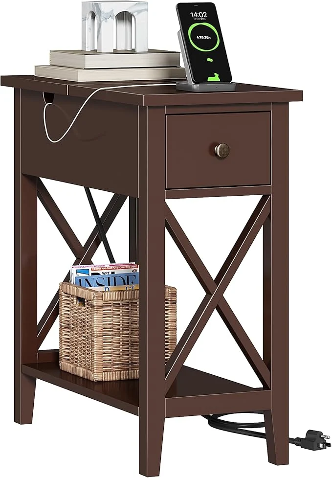 Fine Crafted ChooChoo End Table with Charging Station Narrow Side Table with USB Ports and Outlets Nightstand with Drawer for Small Spaces Bedside Tables for Living Room EspressoAbout ThisOverview Carefully Designed