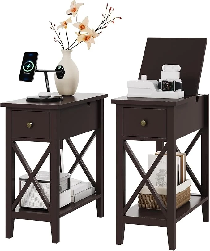 Prestigious ChooChoo End Table Set of 2 Flip Top Narrow End Table with Drawer Accent Small Side Table Nightstand for Living Room Bedroom and Small Spaces EspressoAbout ThisOverview Trendy