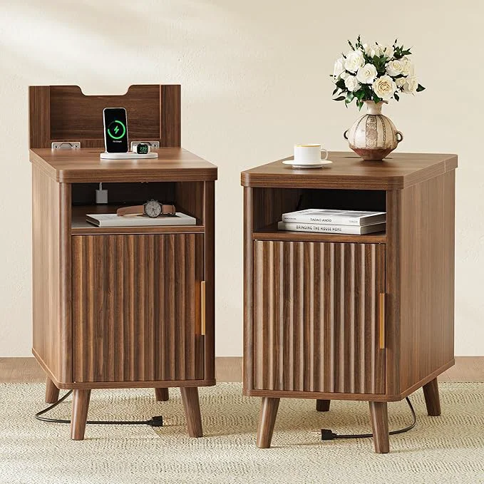 Unique Huuger Narrow Nightstand with Charging Station USB-C Port Set of 2 Night Stand Fluted End Table with Storage Cabinet Back Rack Side Table for Small Spaces 13.4×23.6 Inch WalnutAbout ThisOverview Selected